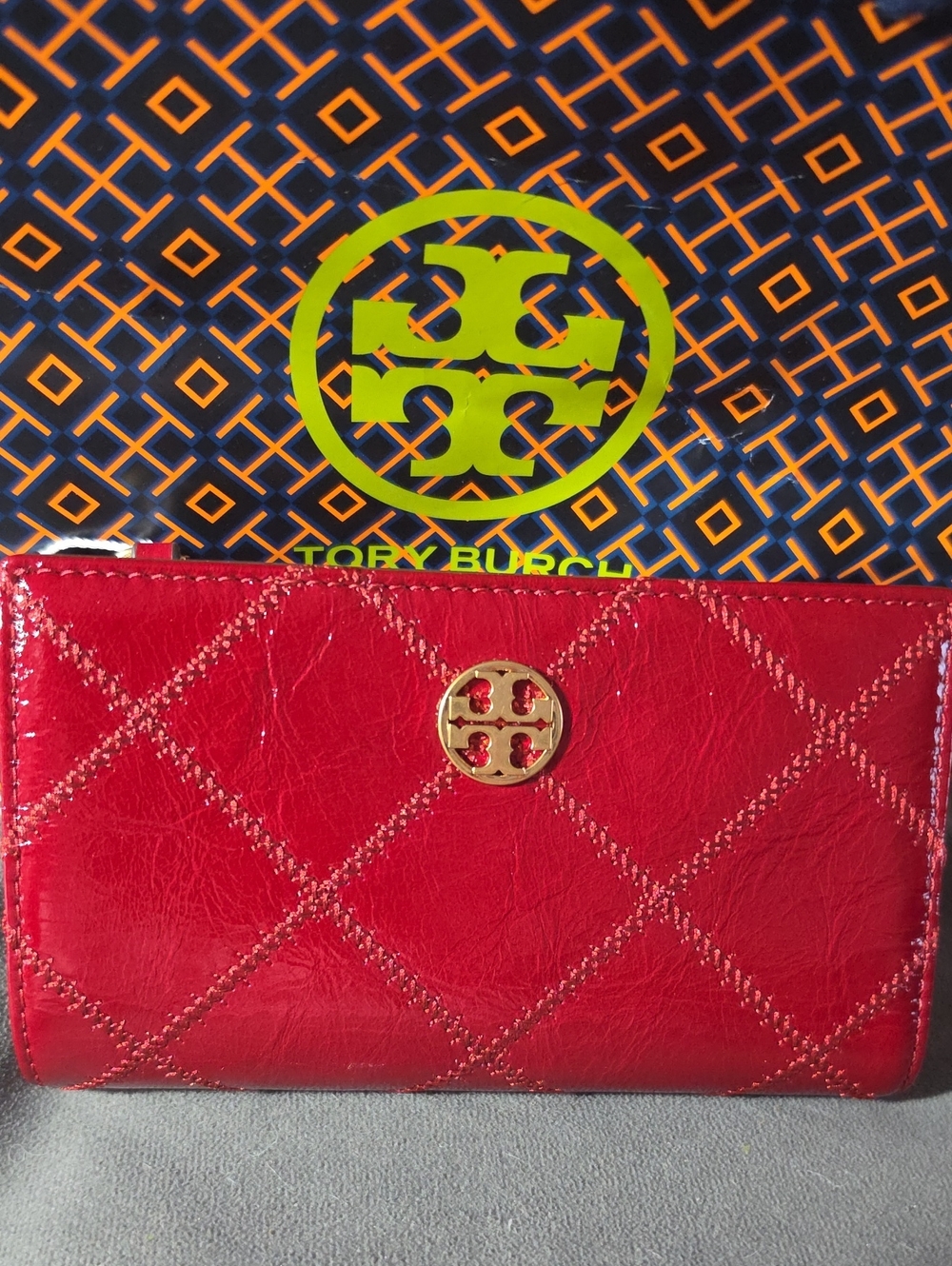 Tory Burch Red Quilted Zip Card Holder with Gold Logo